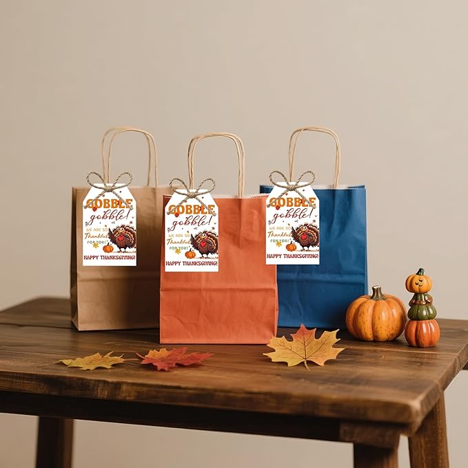 50Pcs Happy Thanksgiving Gift Tags With String, 3.3x2.1 Inch So Very Thankful For You Tags, Gobble Thanksgiving Name Tags With Turkey Pumpkin Leaf for Autumn Holiday Party Favors DIY Craft