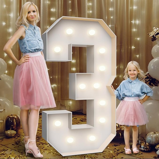 4FT Marquee Light Up Numbers 3,Party Decoration Large Marquee Light Up Letters with Weighted Water Bag,Pre-cut Foam Board Set Can Be Used for Birthdays,Weddings,Baby Anniversaries