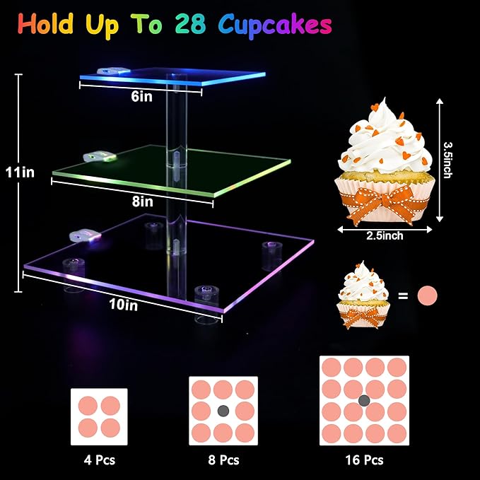 Cupcake Stand for 24 Cupcakes, 3 Tier Cupcake Holder with Rechargeable LED, 7 Colors Light Cupcake Tower, Acrylic Dessert Table Display Set for Weddings, Christmas, Birthday, Parties