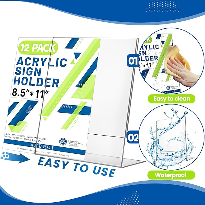 Aheroi 12 PCS Acrylic Sign Display Stands - 8.5 x 11, Clear Plastic Sign Holders for Paper Displays, Home Office Supplies