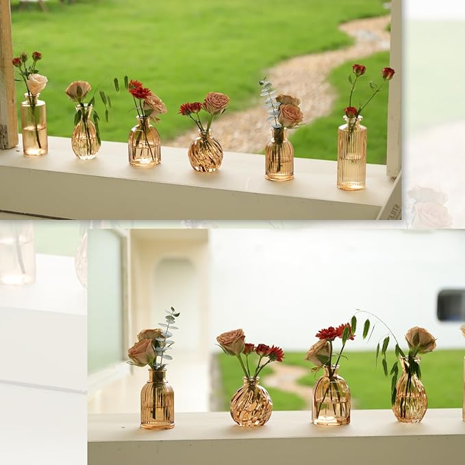 Bud Vases Set of 12, Amber Vase Small Glass Vases for Flowers Modern Ribbed Amber Glass Bud Vase for Decor Flower Vase in Bulk Vintage Decor Boho Wedding Centerpieces Rustic Home Table Decoration