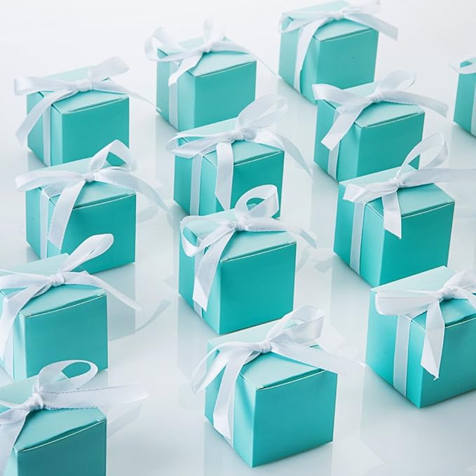 AWELL Mint Green Gift Candy Box Bulk 2x2x2 inches with White Ribbon Party Favor Box,Pack of 50