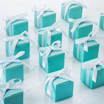 AWELL Mint Green Gift Candy Box Bulk 2x2x2 inches with White Ribbon Party Favor Box,Pack of 50