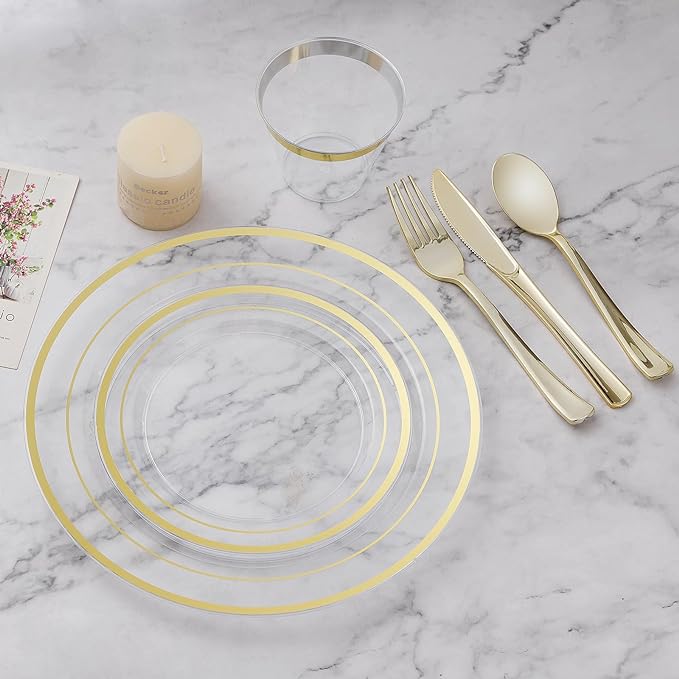 BESTVIP 450PCS Plastic Dinnerware Set (75 Guests), Clear Gold Disposable Plates for Party, Wedding, Christmas, Anniversary, Includes: Dinner Plates, Dessert Plates, Cups, Spoons, Forks and Knives