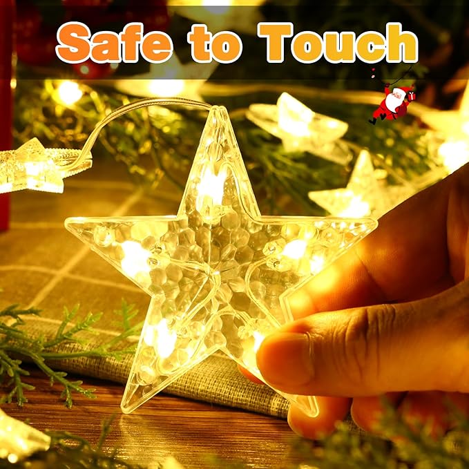 46 Stars Christmas Window Lights, IP65 Waterproof 74 LEDs Twinkle Star Curtain Lights with 8 Modes Timer, Warm White Battery Operated Hanging Christmas Star Decoration for Indoor Outdoor Xmas Bedroom