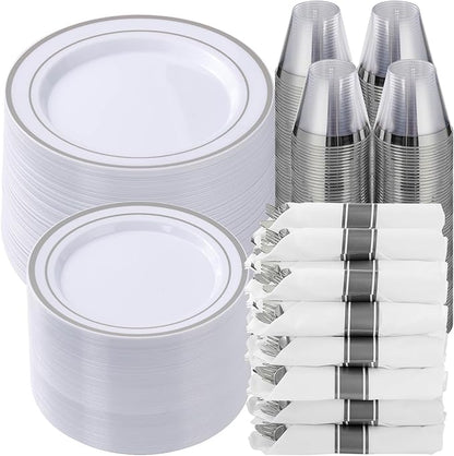 Goodluck 700 Piece Silver Plastic Dinnerware Set for 100 Guests, Disposable Plates for Party, Include: 100 Dinner Plates, 100 Dessert Plates, 100 Pre Rolled Napkins with Silverware, 100 Cups