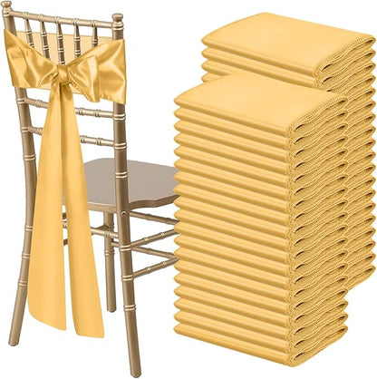 Satin Chair Sashes Bows Universal Chair Ribbon Ties Back Sash for Wedding Party Reception Events Banquets Hotel Event Chair Cover Decoration (7x108 inch) (100, Gold)