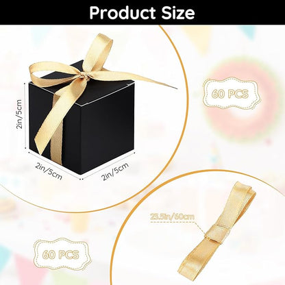 EUSOAR Favor Boxes, 60pcs 2x2x2 Inches Black Boxes Small Candy Box with Gold Ribbons, Mini Paper Cube Soap Box Chocolate Truffles Storage Macaron Container for Wedding Birthday Party DIY Favors