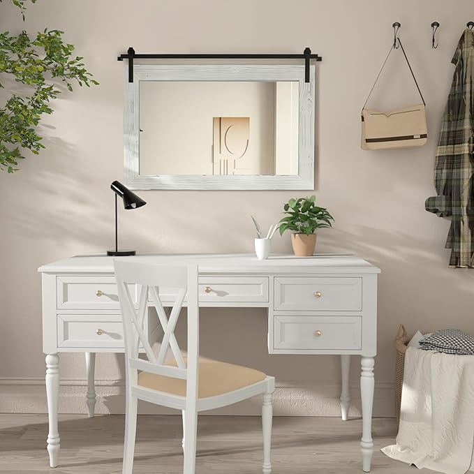 COGOOD Farmhouse Barn Door Mirror - 28" x 20" Rustic Wood Framed Wall Mirror for Bathroom, Living Room, Entryway Wall Decor (White)