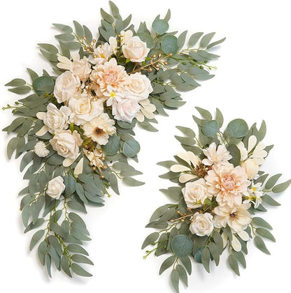 Faux Flower Swag Set of 2 for Wedding Welcome Signs Floral Swag Wedding Reception Ceremony Signs Decor (Champagne & Cream)