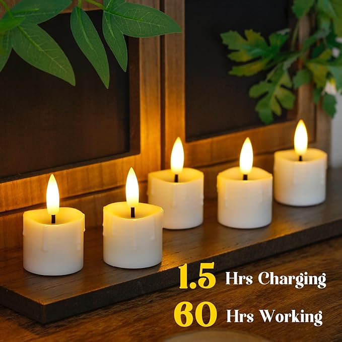 Rechargeable Flameless 1.6" x2.5" Tea Light Candles with Remote & Type-C Charging Cable, Timer LED Flickering Ivory Plastic 6pcs Mini Dripping Wax Votive Tealight Candles