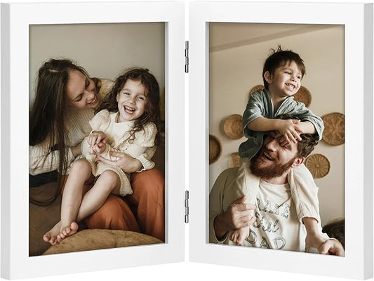 decorUhome Double 5x7 Picture Frame Vertical, Engineered Wood Bifold Photo Frame with Plexiglass for Tabletop Display, 5x7, White