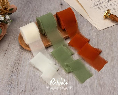 Ribbli Fall Ribbon 1.5 inch x 30 Yard Handmade Silk, Ivory/Dusty Sage/Terracotta Fringe Chiffon Ribbon for Wedding Invitations, Bridal Bouquets Wrapping, Flower Arrangement Decoration