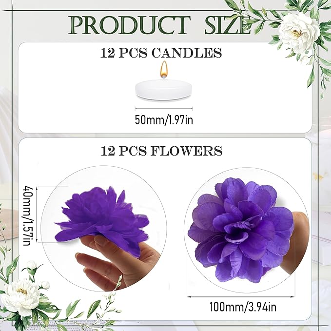 24 Pcs Floating Candles for Centerpieces and Floating Flowers Vase Fillers for Centerpieces Artificial Purple Flowers for Wedding Table Party Home Decoration