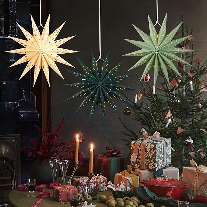 3Pcs 14-Pointed 18 Inch Paper Star Decorations Christmas Party Decorations Sage Green Yellow Hanging Star Decoration Hanging Lamp Shade for Christmas Home New Year Party