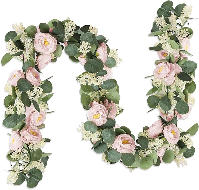 MAKHOT 2 Pcs Pink 6.6Ft Artificial Eucalyptus Flower Garland with Fake Rose Flower Vine Seeded Eucalyptus Leaves Greenery Garland for Wedding Table Backdrop Party Centerpiece Room Decor (Pink)