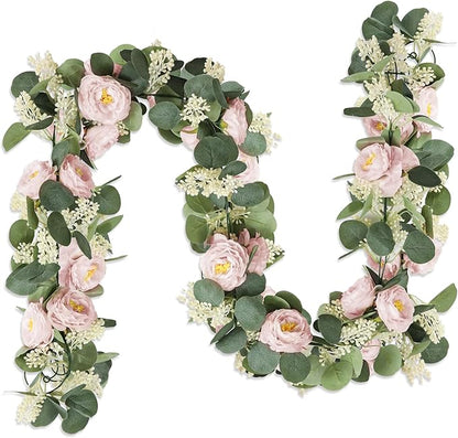 MAKHOT 2 Pcs Pink 6.6Ft Artificial Eucalyptus Flower Garland with Fake Rose Flower Vine Seeded Eucalyptus Leaves Greenery Garland for Wedding Table Backdrop Party Centerpiece Room Decor (Pink)