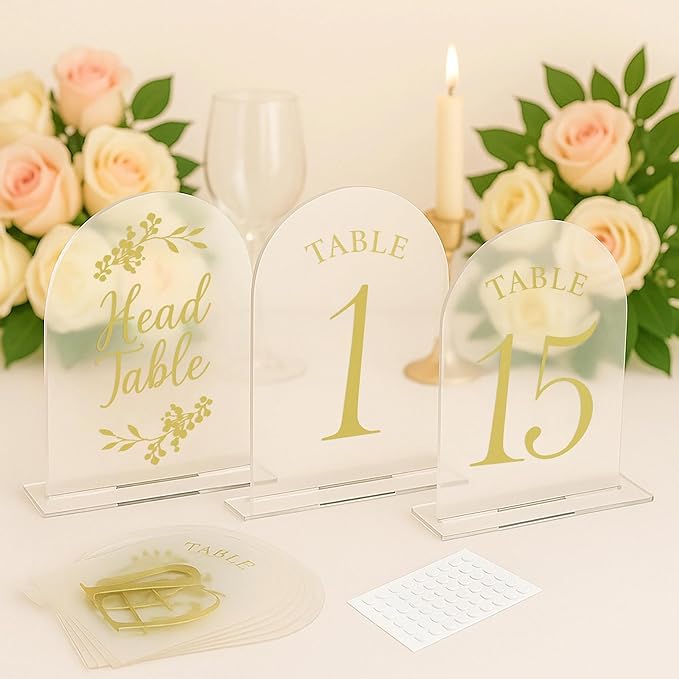 Wedding Table Numbers 1-15 Clear Acrylic Seating Number Signs for Weddings Reception Anniversary Party Decor Seat Number for Tables with Elegant Gold Lettering