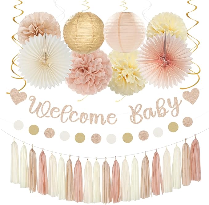 Champagne-Gold Beige Fall Baby-Shower Party-Decorations - 36pcs Welcome Home Banner Sign,Neutral Paper Lanterns,Girl Streamers Garland,Boho Hanging Tissue Pom Poms Flowers Fans Backdrop Decor Burgleda