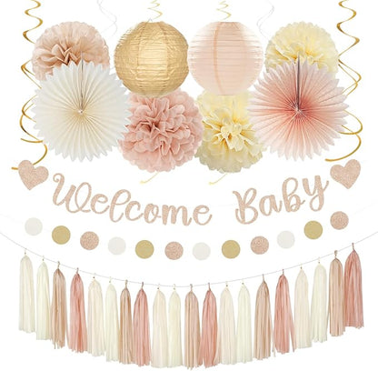 Champagne-Gold Beige Fall Baby-Shower Party-Decorations - 36pcs Welcome Home Banner Sign,Neutral Paper Lanterns,Girl Streamers Garland,Boho Hanging Tissue Pom Poms Flowers Fans Backdrop Decor Burgleda