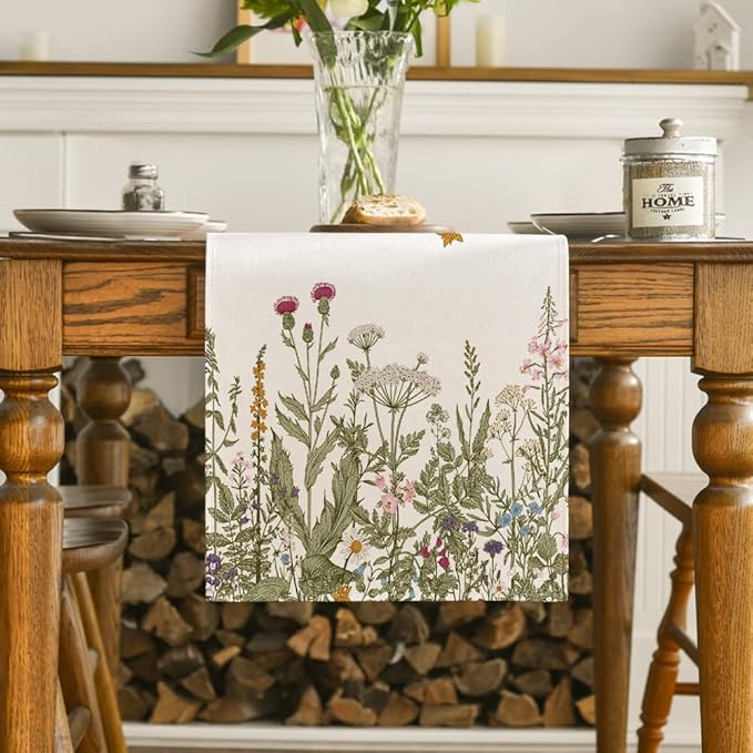 Artoid Mode Antique Herbs and Wild Flowers Summer Table Runner, Spring Fall Kitchen Dining Table Decoration for Home Party 13x36 Inch