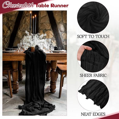 Aktor 4 Pack Black Table Runner Boho Cheesecloth Table Runner Semi Sheer Gauze Fabric Runners for Wedding Birthday Baby Shower Party Boho Table Decoration（Black）