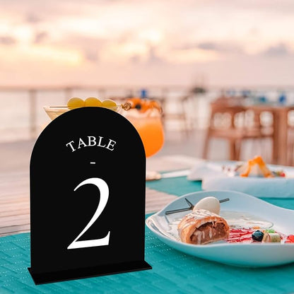 JOYIT Arch Wedding Table Numbers 1-20 with Stands – Double-Sided Printed 5" X 7" Acrylic Table Signs with Black Background White Text, Perfect Acrylic Table Numbers for Wedding Receptions, Parties, Anniversaries, and Events