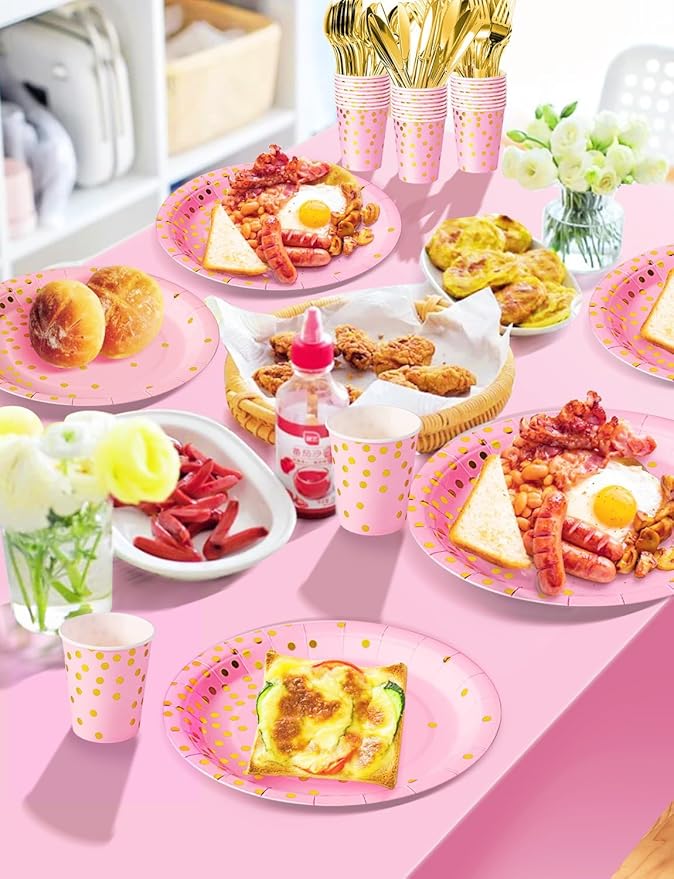 141 Pieces Pink and Gold Party Supplies, Party Dinnerware Sets Include Paper Plates Napkins Cups Silverware, for Wedding Bridal Shower Engagement Birthday Parties Decoration -20 Serves