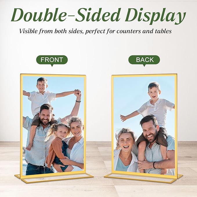 20 Pack Gold Acrylic Sign Holders 5x7 Inch, Double Sided Vertical Stand Clear Picture Frames, Table Menu Display Holders for Wedding Table Numbers, Restaurant Signs, Event and Office Photos