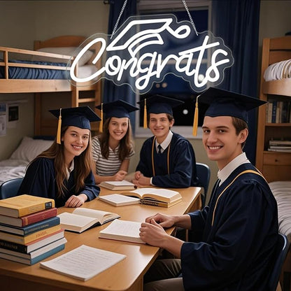 Congrats Grad Neon Sign for Backdrop wall decor，Dimmable USB Powered Light Up Letters for Dorm Walls，White Grad Gifts Sign for Graduation ClassRoom Party bedroom size:16.14 * 7.6 inch