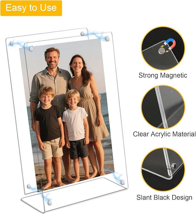 6 Pack Acrylic Picture Frame 5x7 inch, Magnetic Photo Frames, Clear Slanted Back Acrylic Frameless Transparent Frame for Desktop Display, Standing Photo Display Holder Gift for Home, Office