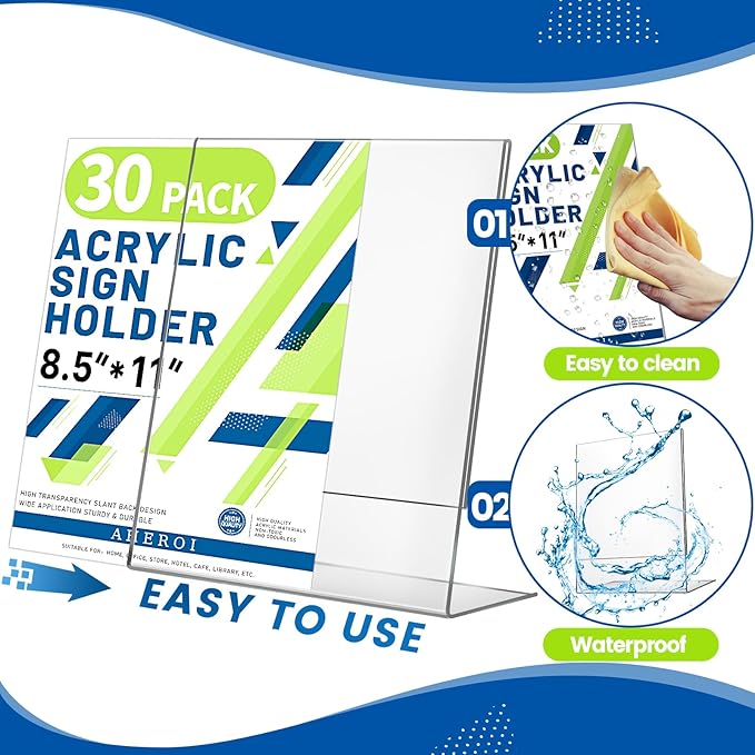 Aheroi Acrylic Sign Holder 8.5 x 11, 30Pcs Plastic Sign Holder 8.5 x 11 Standing, Clear Paper Holders Acrylic Paper Document Holders, Plastic Stands Flyer Display,Office School Table Supplies