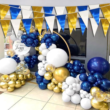 65FT Navy-Blue White Gold Triangle Pennant Banner Flag Metallic Fabric Bunting Garland for Christmas Graduation Retirement Birthday Wedding Bridal Shower Nautical Ahoy Achor Party Decorations Supplies