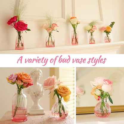 Pink Vase, Glass Bud Vases Set of 12, Small Pink Glass Vases for Flowers Colored Ribbed Flower Vase for Decor Bud Vase in Bulk Vintage Decor Bridal Shower Wedding Centerpieces Home Table Decoration