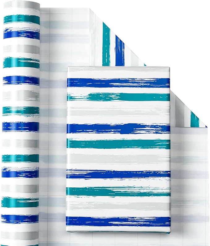 WRAPAHOLIC Reversible Blue Wrapping Paper - Mini Roll - 17 Inch X 33 Feet - Baby Boy Wrapping Paper for Birthday, Holiday, Wedding, Baby Shower