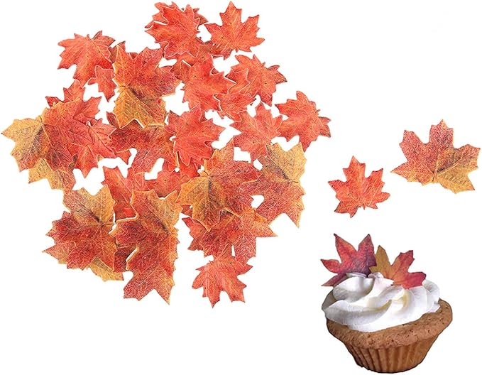 GEORLD Set of 36 Edible Fall Leaves Gold Leaf Cake Decorations, Party Cupcake Topper