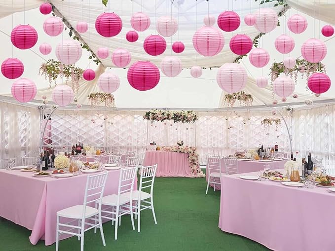 ADLKGG Pink Paper Lanterns Decorative, Hanging Round Paper Lanterns Indoor Outdoor for Graduation Wedding Birthday Baby Showers Decorations, 21pcs