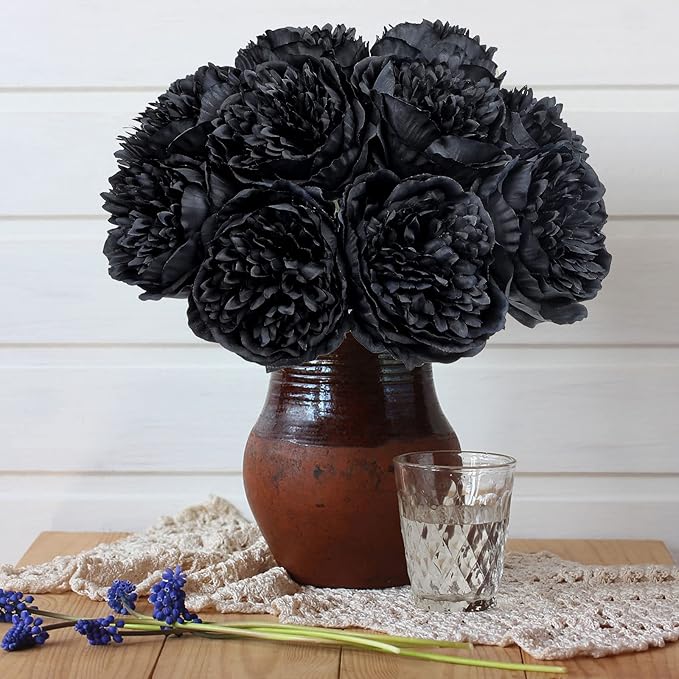 U'Artlines 10 Heads Artificial Peony Silk Flower Leaf Home Office Wedding Party Festival Bar Decor (Black)