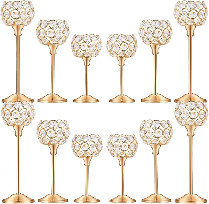 Crystal Candle Holders Set of 16 for Wedding Centerpieces Gold Or Silver Candle Holders Bulk Decorative Tealight Candle Holder for Wedding, Party,Table Centerpieces Decoration (Golden, 4Sets(12 Pcs))