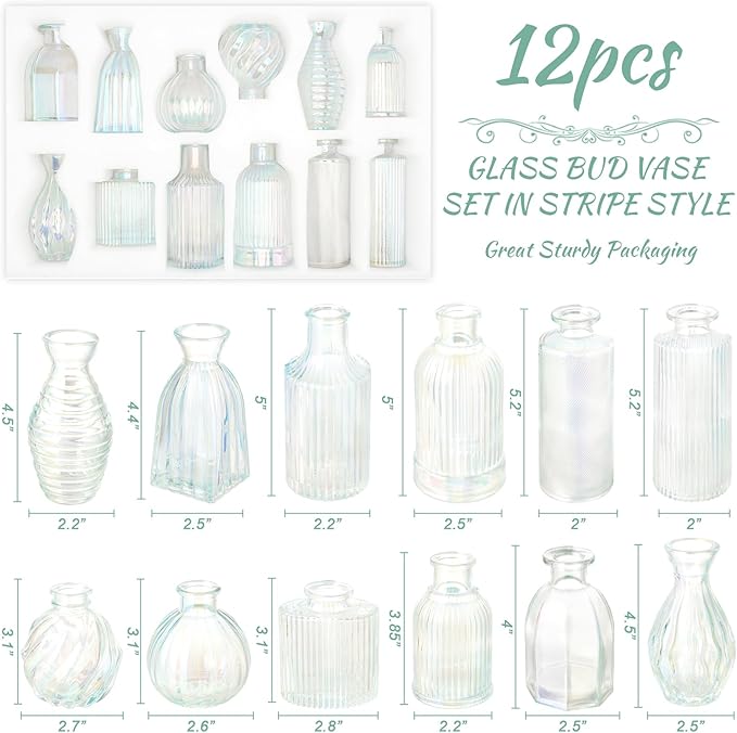 Bud Vases Set of 12, Iridescent Glass Vase for Decor Centerpieces, Small Vases for Flowers, Clear Irised Flower Vase Ribbed Modern Bud Vases in Bulk, Colorful Vases for Wedding Party Table Decoration