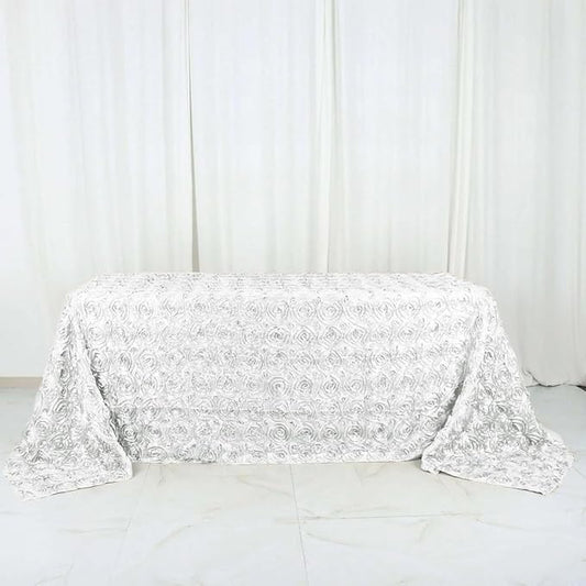Efavormart 90"x132" Wholesale Rectangle Table Cover White Grandiose Rosette 3D Satin Tablecloth for Wedding Party Event Decoration