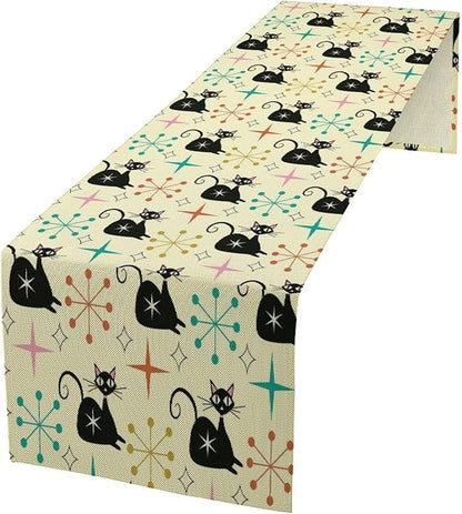 Mid Cat Table Runner, Vintage Black Cat and Atomic Stars 1950s 1960s Abstract Geometric Space Pattern Table Decoration for Home Kitchen Restaurant 13x90 Inches