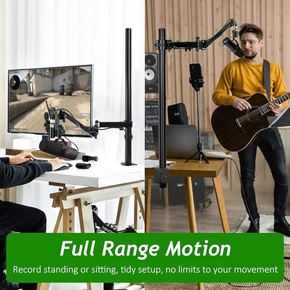 Mic Boom Arm, Adjustable Height Overhead Microphone Stand with Heightened Extension Riser for Shure SM7B Blue Yeti HyperX QuadCast S and other Mic