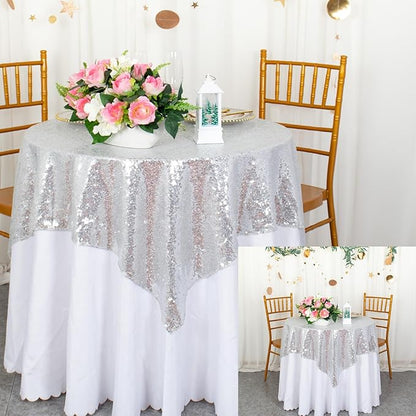 ShinyBeauty Silver Tablecloths 36X36 Inch 2 Pieces Sequin Table Cloth for Party Sparkle Table Cloths Square Small Grey Shimmer TableclothOverlay for Wedding Birthday Cake Tables