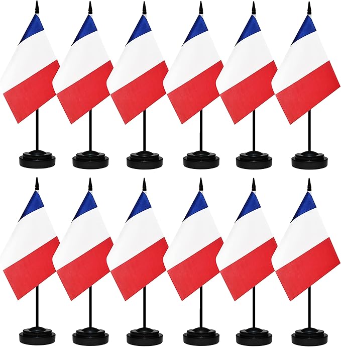 12 Pack France Desk Flags Set, French Small Mini Table Office Flags With 12" Solid Black Pole, Black Base and Spear Top, Miniature Desktop Flag, Home Decoration, Office Decoration, Festival