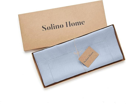 Solino Home Linen Sky Blue Table Runner 156 Inches Long - 100% Pure Linen Extra Long Table Runner 14 x 156 Inch - Classic Hemstitch