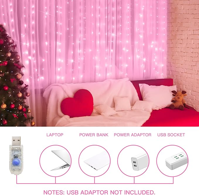 suddus Curtain Lights for Bedroom, 200 Led 6.5ft x 6.5ft Hanging String Lights Outdoor, Fairy Curtain Lights for Backdrop, Window, Wall, Wedding, Party, Garden, Porch, Birthday Decorations Pink