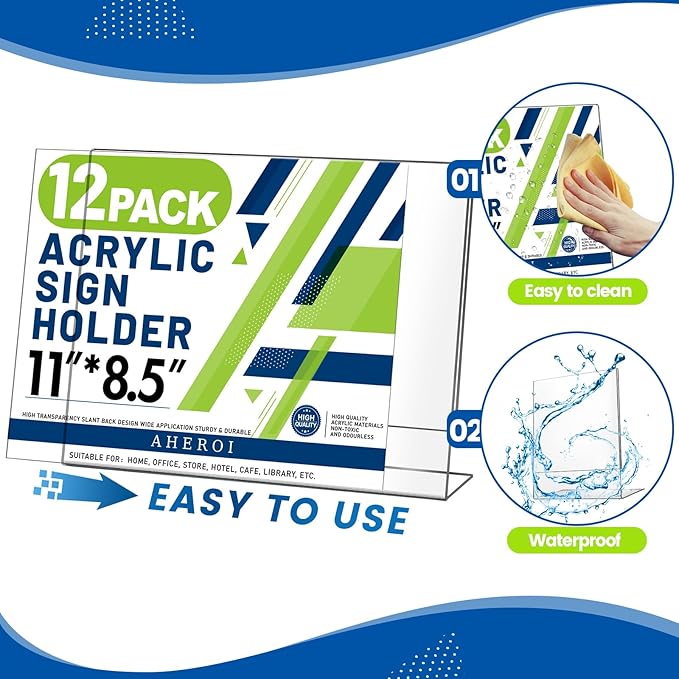 Aheroi 12Pcs Acrylic Sign Holder 8.5 x 11, Horizontal Clear Sign Holders 8.5 x 11, L-Shape Acrylic Paper Holder, Plastic Sign Holder Paper Holder Display Stand for Menu Document Picture Frames
