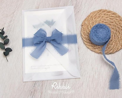 Ribbli Dusty Blue Ribbon 1 Inch x 3 Rolls Total 24 Yards Blue Handmade Fringe Chiffon Silk Ribbon for Wrapping Wedding Invitations Bridal Bouquets DIY Crafts Home Decor