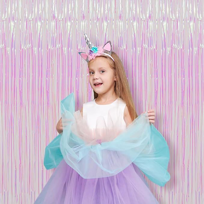 2 Pack Iridescent Transparent Foil Fringe Backdrop Curtains, Tinsel Streamers Birthday Party Decorations, Fringe Backdrop for Graduation, Baby Shower, Gender Reveal, Disco Party
